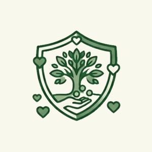 Shield icon cradles a growing tree and hearts, representing care, stewardship, and community support.
