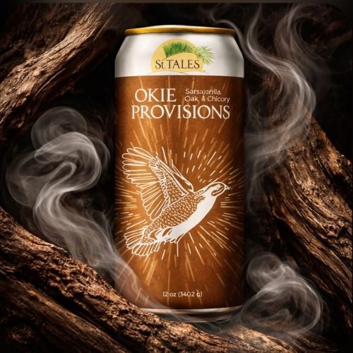 Okie Provisions Zero-Alcohol Beverage – Sarsaparilla, Oak, & Chicory St. Tales Okie Provisions zero-alcohol can with pheasant illustration and sarsaparilla, oak, and chicory flavors displayed among rustic Oklahoma wood textures.
